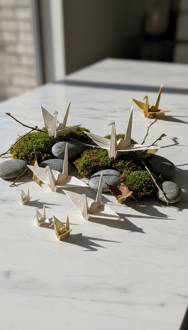 An arrangement of crisp, handcrafted origami cranes fashioned from ivory and pale gold paper, displayed artfully on a marble countertop. Plush green moss and delicate river stones are interspersed among the cranes, creating a tableau inspired by natural serenity. Soft, indirect natural light filters in from the side, illuminating the paper’s subtle texture and casting intricate, delicate shadows. The composition is visually balanced using the rule of thirds, drawing the eye gracefully across the scene. The mood is tranquil and thoughtful, delivering a minimalist yet organic visual that feels both soothing and elegant.